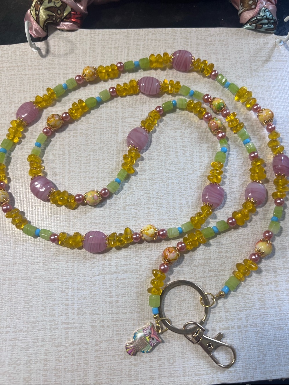 Beaded Lanyard Necklace with Pink and Yellow Glass Beads